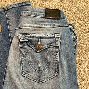 True Religion Blue Distressed Jeans with Decorative Stitching